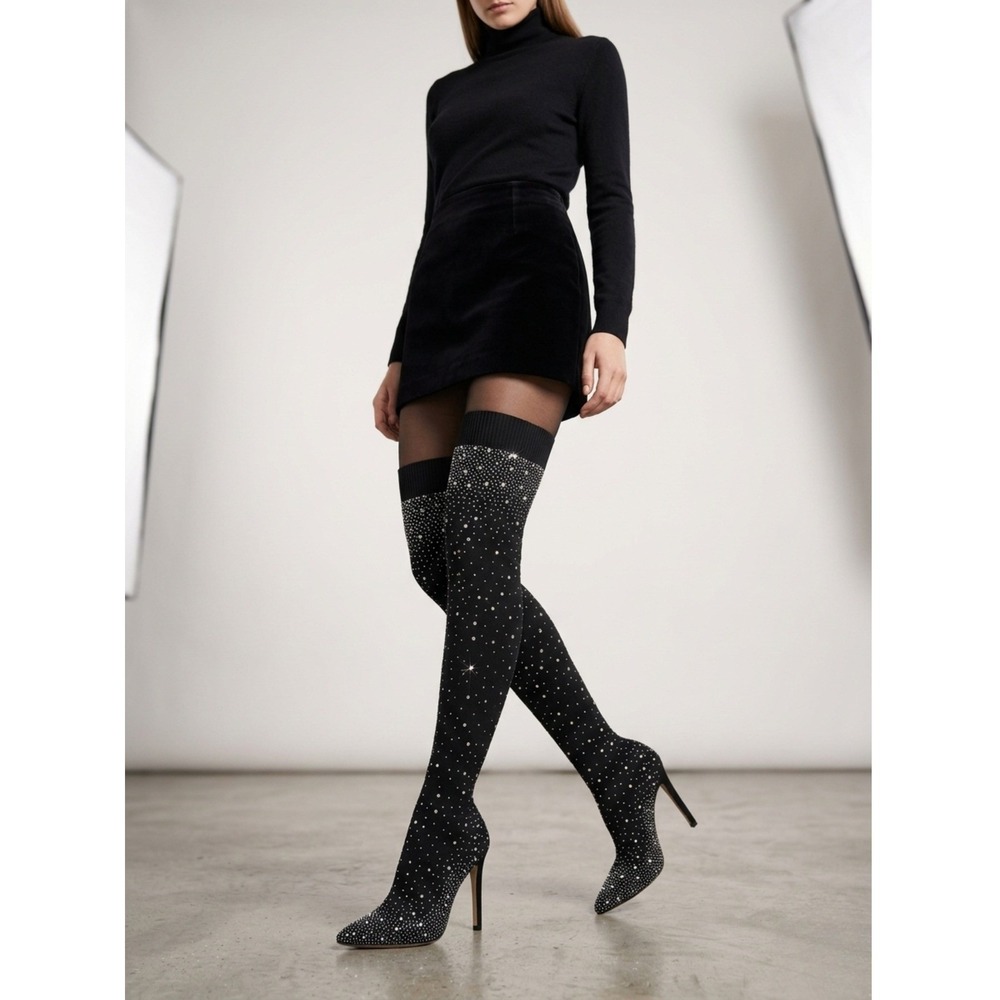 NEW Black Rhinestone Over The Knee Sock Boots Stiletto Heels Pointed Toe Size 8